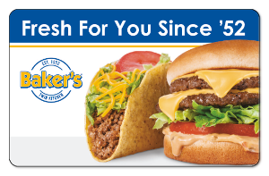 Bakers Twin Kitchen logo with images of a taco and burger, with the text Fresh forYou Since 52
