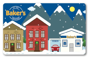 Baker's Burgers holiday card depicting a snowy cartoon town.